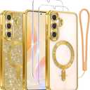 3 x Meifigno Designed for Samsung Galaxy S25 Plus Case, [Compatible with MagSafe] [2X HD Screen Protectors] [Glitter Card & Wrist Strap] Surround Raised Lens Protection Case for S25 Plus 6.7", Gold