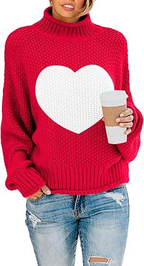 Saodimallsu Womens Heart Sweater Oversized Turtleneck Sweaters Batwing Long Sleeve Pullover Loose Chunky Knit Tops, XL 