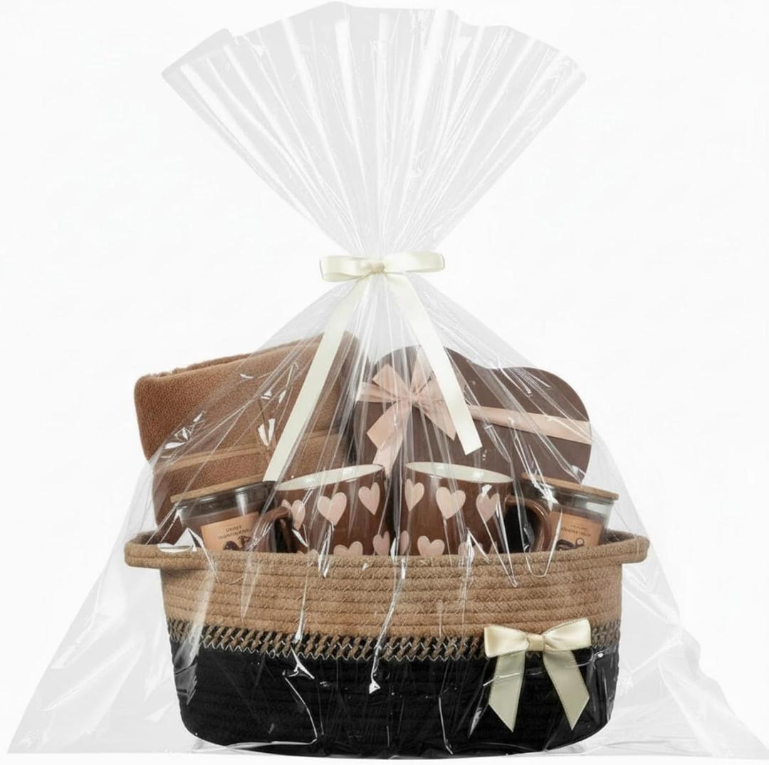 Valentine Woven Gift Basket Empty with Ribbons Bow Tie and Bag, Valentine's Day Empty Decorative Chest Box, Woven Rope Storage with Handles Home Decor(14 x 10 x 5.5 Inch, Black Brown)