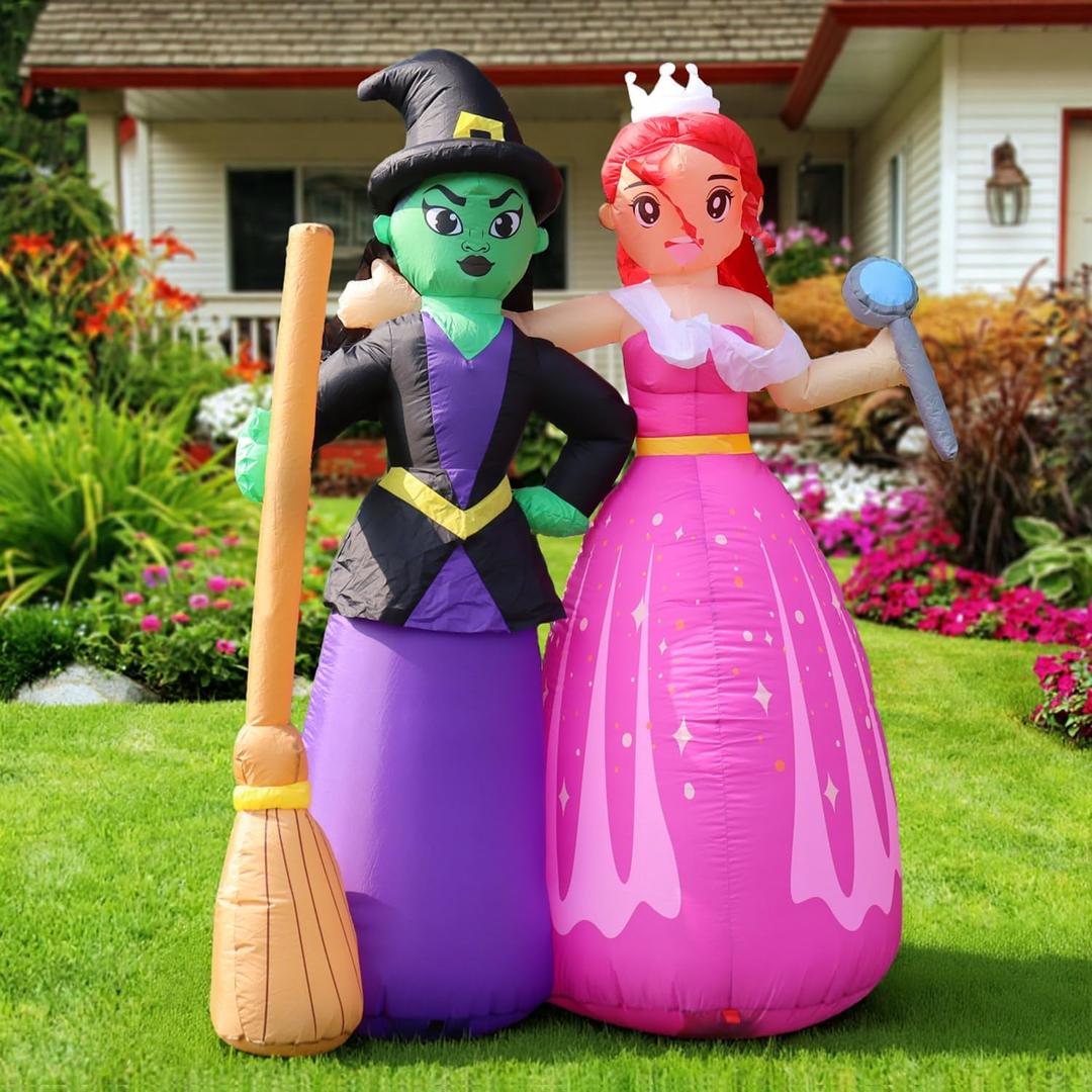 6FT Halloween Inflatable Witch Sisters with Magic Wand and Broom, Holiday Outdoor Blow Up Decorations Built-in LEDs for Halloween Party Supplies, Yard Indoor Garden Lawn Patio