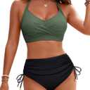 Blooming Jelly Womens High Waisted Bikini Sets Drawstring Tummy Control Swimsuits Crisscross Tie Back Bathing Suit (Large, Black Green)
