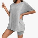 SweatyRocks Women's 2 Piece Lounge Set Split Short Sleeve Tee Tops and Shorts Pajama Set L (Grey)