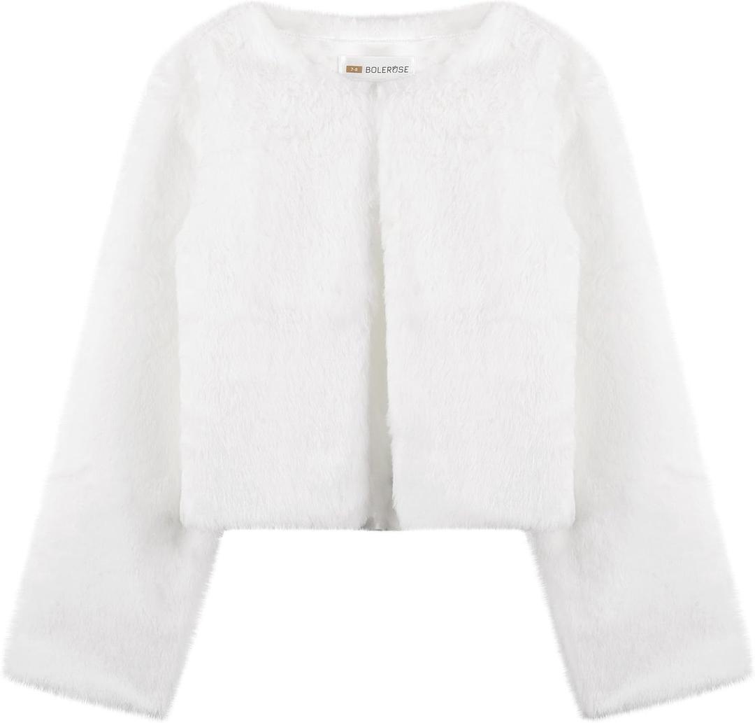 BOLEROSE Girls Cozy Faux Fur Childrens Kids Bolero Shrug Jacket Coat (9-10 Years, White)