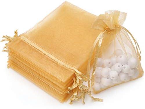 Akstore 100Pcs 2.8"x3.6"(7x9cm) Sheer Drawstring Organza Jewelry Pouches Wedding Party Christmas Favor Gift Bags (Golden)