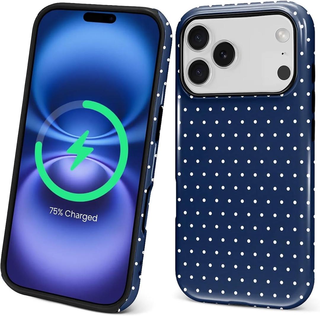 Magnetic Case for iPhone 17 Pro Design,Compatible with MagSafe,Slim Protective Soft TPU Bumper Phone Cover Women Girls Case for iPhone 17 Pro-Polka Dot Aesthetics Navy Blue
