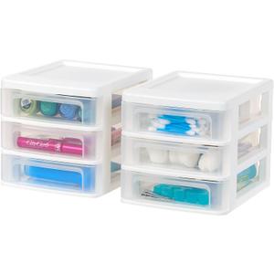IRIS USA Plastic Stacking Desk Top 3-Drawer Storage Organizer, 2-Pack, for Makep Vanity Nail Polish Bathroom Stationery Art Craft Supplies Kitchen Office Garage and Small Organization, Small, White