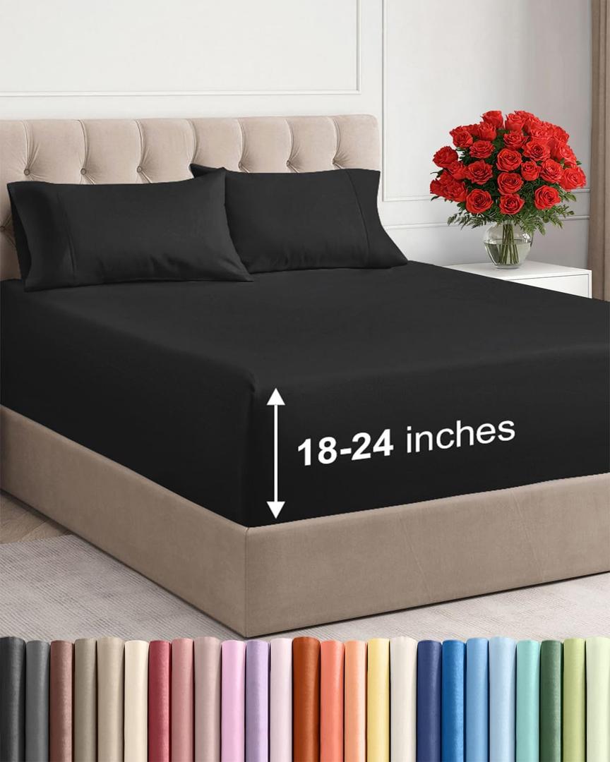Extra Deep Queen Sheet Set - 4 Piece Breathable & Cooling Bed Sheets - Easily Fits 18 to 24 inch Mattress - Ultra Soft, Wrinkle & Fade Free w/ Extra Deep Pockets - Comfy Hotel Luxury Bedding - Black