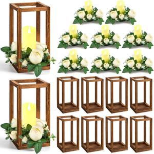 Sabary 30 Pcs Eucalyptus Wedding Lanterns Centerpiece Include Wooden Candle Holders No Batteries Candles Rose Wreaths for Farmhouse Rustic Table Decorations Country Party Gift (Beige Flower)