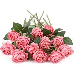 IPOPU Pink Roses Artificial Flowers 12PCS Pink Fake Roses Dried Silk Flowers with Single Stems Faux Rose Realistic Pink Flower Centerpieces for Tables Wedding Bouquet Floral Arrangements