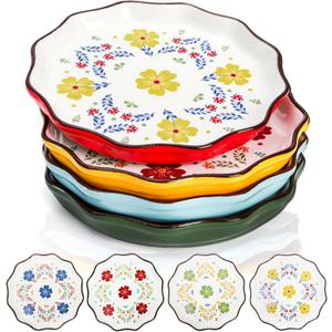 4 Pack Ceramic Dessert Plates, 7.5 Inch Small Floral Dinner Appetizer Plate, Lunch Salad Serving Dishes, Vintage Flat Pasta Bowl for Steak Fruit Pizza, Dishwasher & Microwave Safe