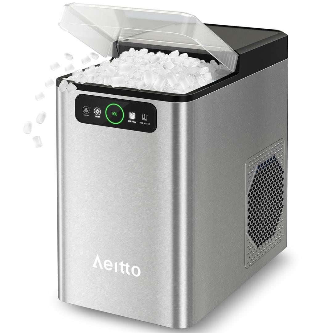 Nugget Ice Maker Countertop, Pellet Ice Machine Soft Chewable Ice 40lbs/Day, One-Click Operation, Auto Self-Cleaning Crushed Ice Makers Stainless with Scoop for Home/Kitchen/Office