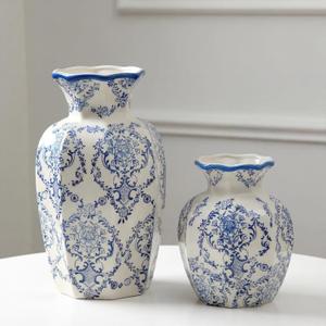 2 Pcs Blue and White Vintage Vase Chinoiserie Floral Vase 9.5'', 6'' Rustic Ceramic Vases for Home Decors, Living Room, Bookshelf, Office, Grand Millennial Decor, Chinoiserie Decors