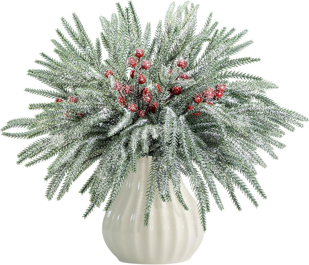 60 Pcs Christmas Snow Norfolk Pine Branches with Red Berry Stems, Snowy Artificial Xmas Branches Pine Tree Needle, Berries White Frosted Fake Greenery Norfolk Pines Stems Sprigs for Garland Home Decor