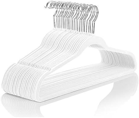 MIZGI Premium Velvet Hangers (60 Pack) Heavyduty - Non Slip Felt Hangers - Velvet Suit Hanger White - Chrome Hooks, Space Saving Clothes Hanger