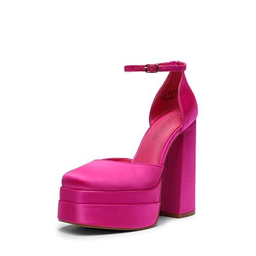 DREAM PAIRS Women’s High Chunky Platform Closed Toe Block Heels Square Toe Ankle Strap Dress Wedding Party Pumps Shoes Aurelia,Size 10,Rose Red-Satin,SDPU2319W