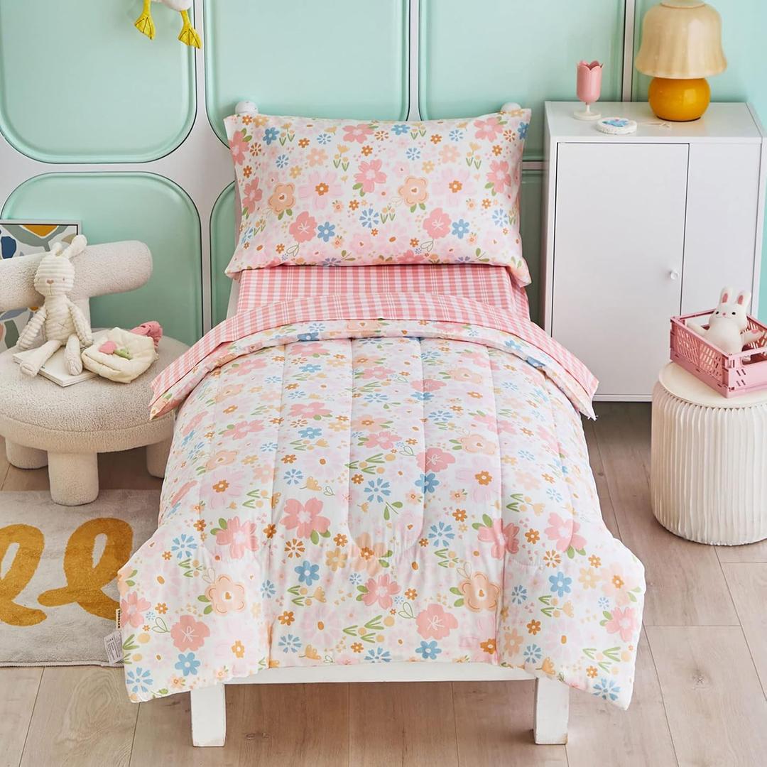 Joyreap 4 Piece Cotton Toddler Bedding Set for Girls, Pink Flowers Design, Soft n Breathable Cotton Toddler Comforter Set, Includes Quilted Comforter, Fitted Sheet, Top Sheet, and Pillow Case