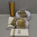 WELLIFE 350Pcs Gold Plastic Plates for 50 Guests - Plastic Dinnerware Set, Includes 100 Party Plates,150 Gold Silverware Disposable,50 Napkins,50 Cups,Disposable Plates for Party and Wedding