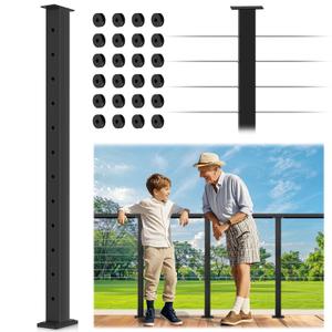 42" Level Drilled Cable Railing Post, Fixed Top Heavy-Duty Line With Flat Rubber Grommets, Stainless Steel T304 Matte Black Handrail for Indoor Outdoor Railing Kit System