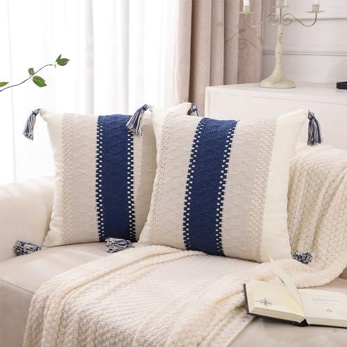 Tosleo Boho Navy Blue Striped Throw Pillow Covers 20x20 Set of 2 with Tassels Neutral Coastal Pillowcase Farmhouse Rustic Retro Cushion Case Bohemian Home Spring Summer Decor for Wedding Living Room,20" x 20" (Pack of 2)