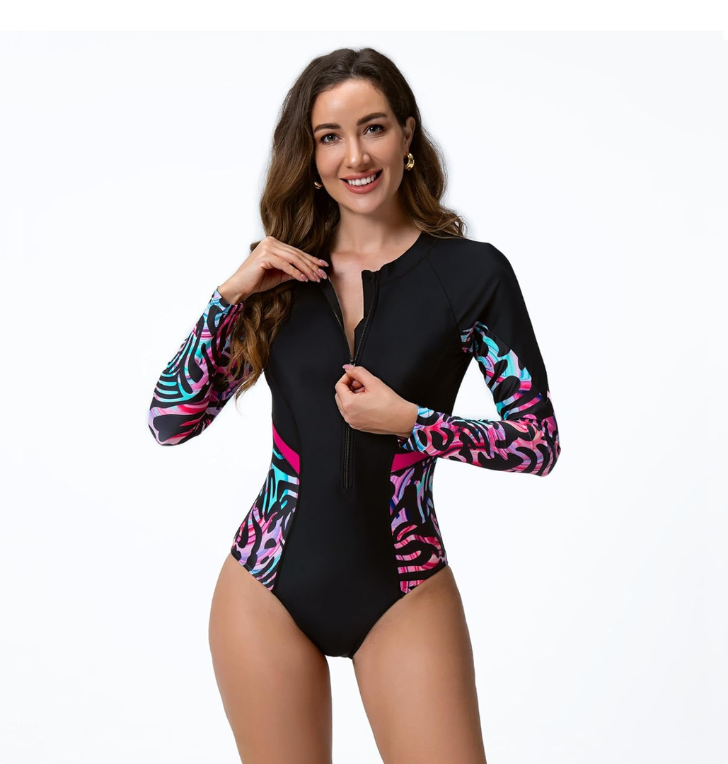 IMEKIS Womens Rashguard Swimsuit One Piece UV Protection Tropical Printed Surfing Zipper Swimwear Bathing Suit, (Size Small)