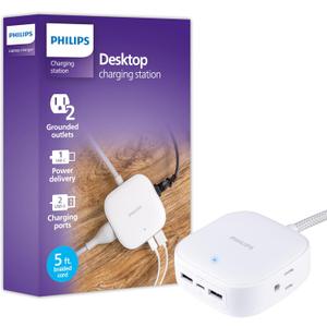 Philips USB Desktop Charging Station, 32W 5 Ft USB C & A Ports, 2 Grounded Outlets, Multiport Charging Hub for iPhone 13-16 Series, iPad Pro, Braided Cord, DLP3553W/37