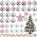 68 Pcs Christmas Tree Balls Ornaments Set Complete Christmas Tree Decorations Glitter Poinsettia Flowers Christmas Ornaments Tree Topper Ribbons Hanging Decor for Xmas Holiday(Rose Gold and Silver)