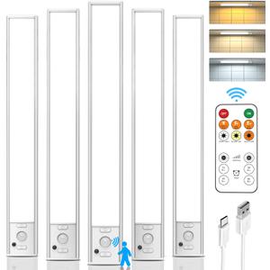 Under Cabinet Lights Wireless, 12'' Rechargeable Motion Sensor Light Indoor, 3 Color Temperature Dimmable Closet Lighting with Remote Control, Under Counter Lights for Kitchen, Stairs, Wardrobe (5 Pack, White-12 Inch)