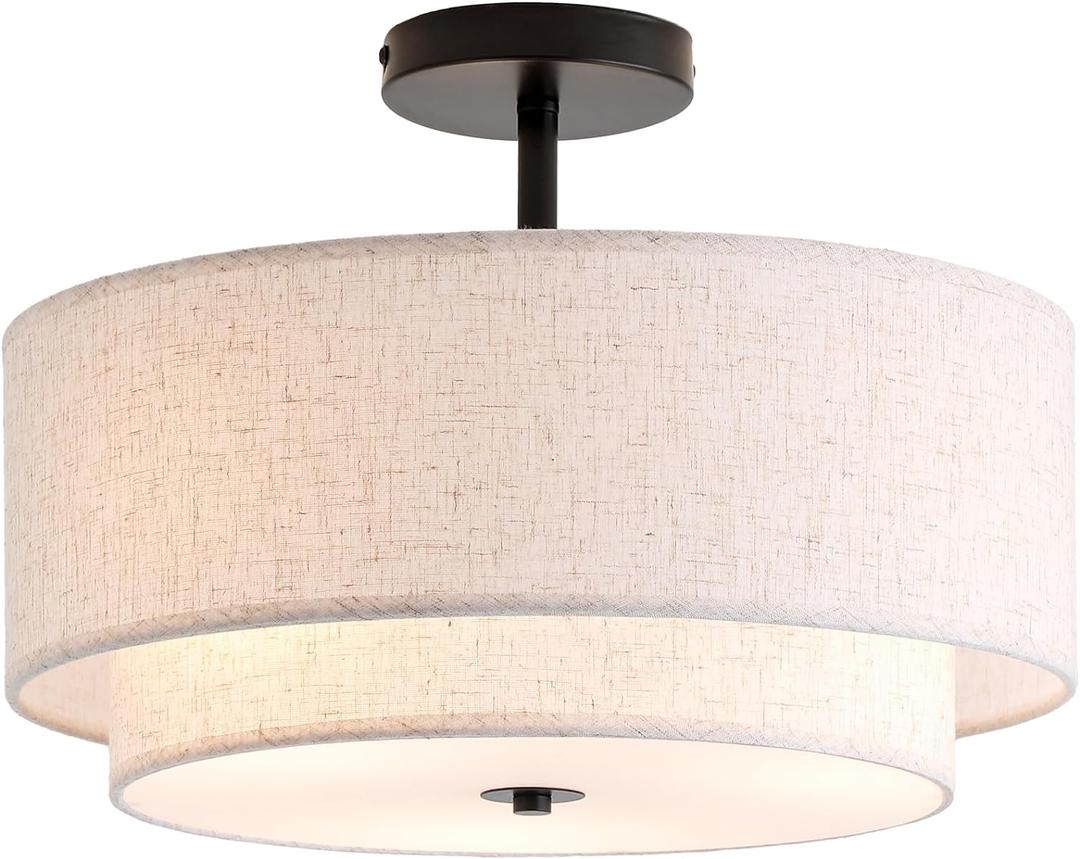 16" Double Drum 3-Light Semi Flush Mount Ceiling Light, Classic Fabric Linen Shade Design for Living Room, Bedroom, Kitchen, Dining Room, Hallway and Entryway (Black)