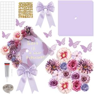 Vicenpal 29 Pcs Graduation Cap Decorations Kit DIY Grad Construction Paper with Artificial Flower Pearl Rhinestone Ribbon 3D Butterfly Alphabet Letter Stickers Satin Bow for Grad Cap DIY(Purple)