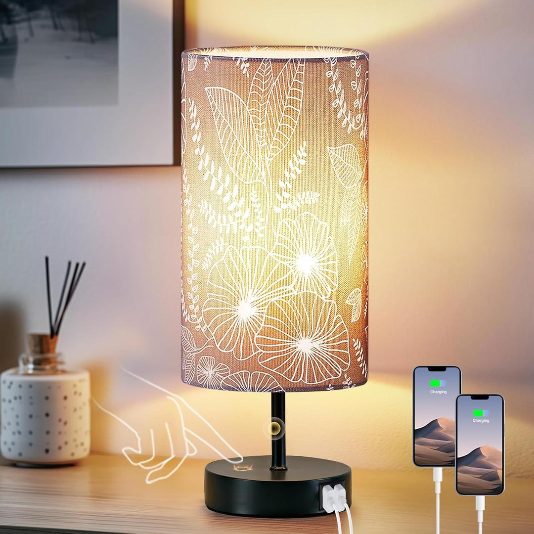 Bedside Table Lamp with 2 USB Ports, Modern Touch Control Desk Lamp with Round Flower Flaxen Fabric Shade, 3 Way Dimmable Small Nightstand Lamp for Bedrooms Living Room Dorm Gray Decor(Bulb Included)