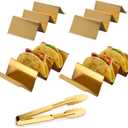 4 Pcs Gold Taco Holders Set with 1 Food Tong, Stainless Steel Taco Stand with Handles for Party, Holds Up to 3 Tacos Each, Dishwasher Oven safe