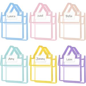 Teling 12 Pack Thick Clear Book Pouches with Blank Name Tags and Handles Book Baggies Bags Bins Organizer for School Classroom Library Pockets Students (10 x 12 Inch,Pastel Color)