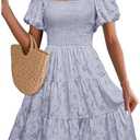 dowerme Womens Summer Dresses 2025 Puff Short Sleeve Square Neck Smocked Floral Wedding Guest Mini Dress with Pockets, Medium