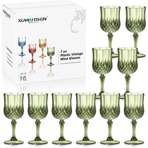 XUWAIDSGN 16 Pcs 7oz Plastic Vintage Wine Glasses Drinking Glasses Unbreakable Wedding Glassware Crystal Water Goblets Reusable Drinkware Vintage Champagne Flutes (16, Dark Green)