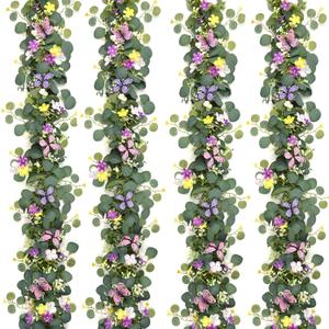 Waipfaru 4Pcs Eucalyptus Garland with Daisy 3D Butterfly, Green Garland with Flowers, 5.9FT Artificial Faux Eucalyptus Leaves Vines for Table Mantle Home Wedding Party Indoor Outdoor Decor