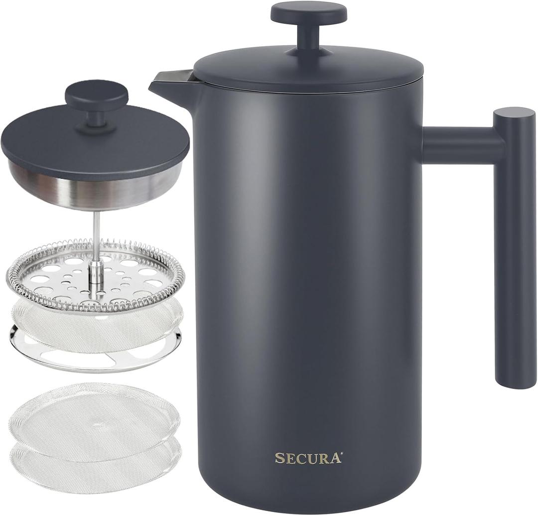 Secura French Press Coffee Maker, 304 Grade Stainless Steel Insulated Coffee Press with 2 Extra Screens, 34oz (1 Litre), Grey