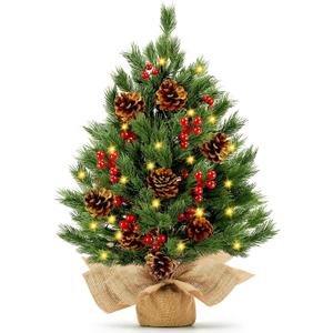[ 8 Modes & Timer] 24 Inch Realistic Tabletop Christmas Tree Small Christmas Tree with 50 Warm Lights Battery Operated Red Berries Pine Cone Burlap Base Indoor Home Table Christmas Decorations (Spruce Green)