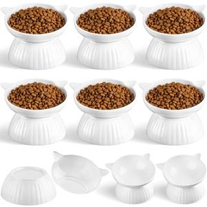 6 Pack Ceramic Raised Cat Bowl, 15 Tilted Anti-Vomiting Cat Food Dish, 5.6 Inch Wide Opening for Stress-Free Eating, Detachable Elevated Feeder for Senior Cats, Kittens, Small Dogs