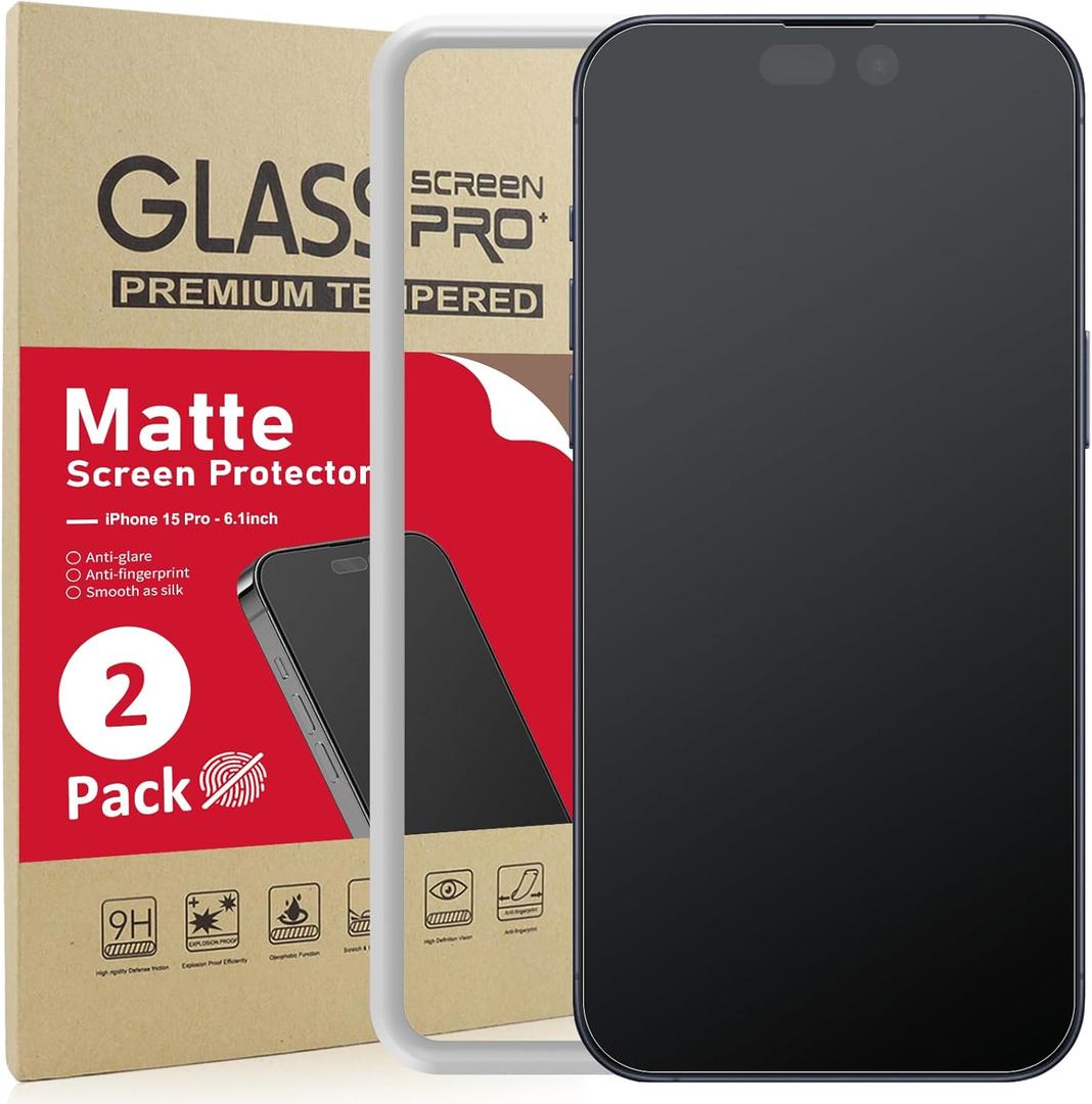 Ambison [2 Pack] Matte Glass Screen Protector Designed for iPhone 15 Pro, Install Frame/Bubble Free/Anti-Glare/Fingerprint Free/Smooth as Silk, 9H Tempered Glass compatible with iPhone 15 Pro 2023 6.1inch