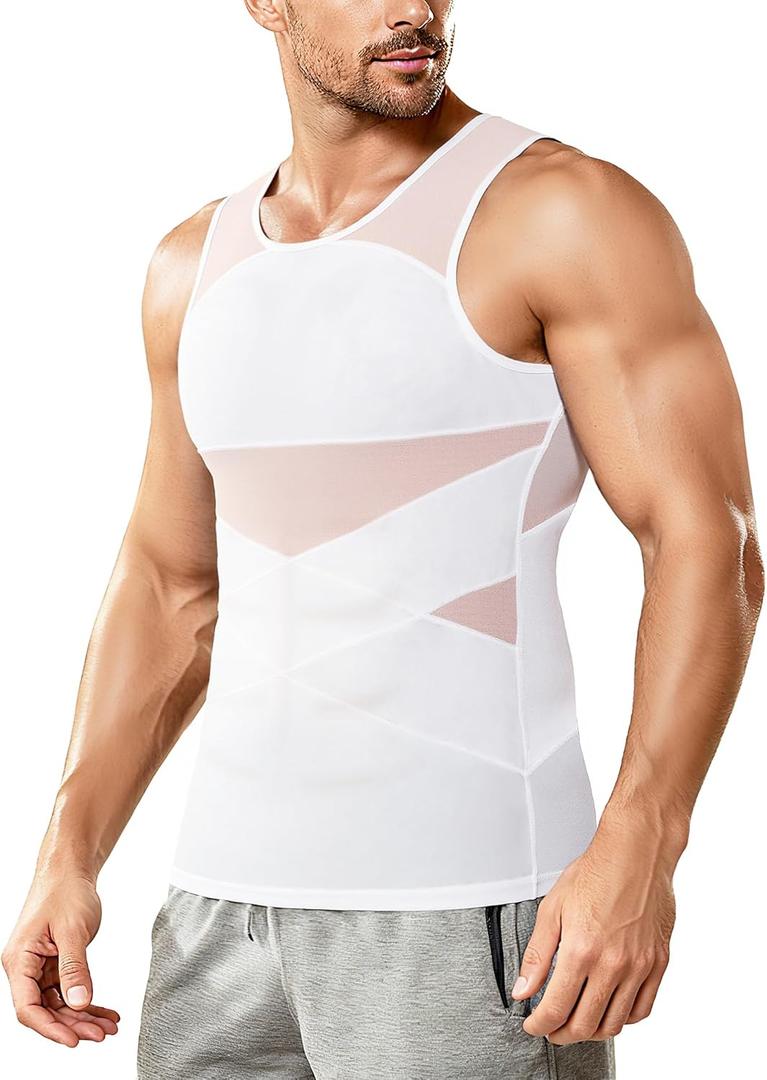 Nebility Mens Compression Shirt for Gynecomastia - Slimming Undershirts Body Shaper Vest Mesh Shapewear Workout Tank Tops XL