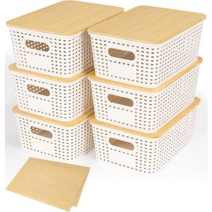 6 Pack Plastic Storage Baskets With Bamboo Lid, Stackable Storage Baskets for Organizing Desktop Closet Shelves Drawers Pantry Organization Office Playroom Classroom (White)
