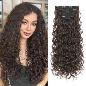REECHO Curly Clip in Hair Extensions, 4PCS 24 inch Long Hair Extensions Clip ins Lace Weft Natural Hairpieces for Women Daily, Chocolate Brown