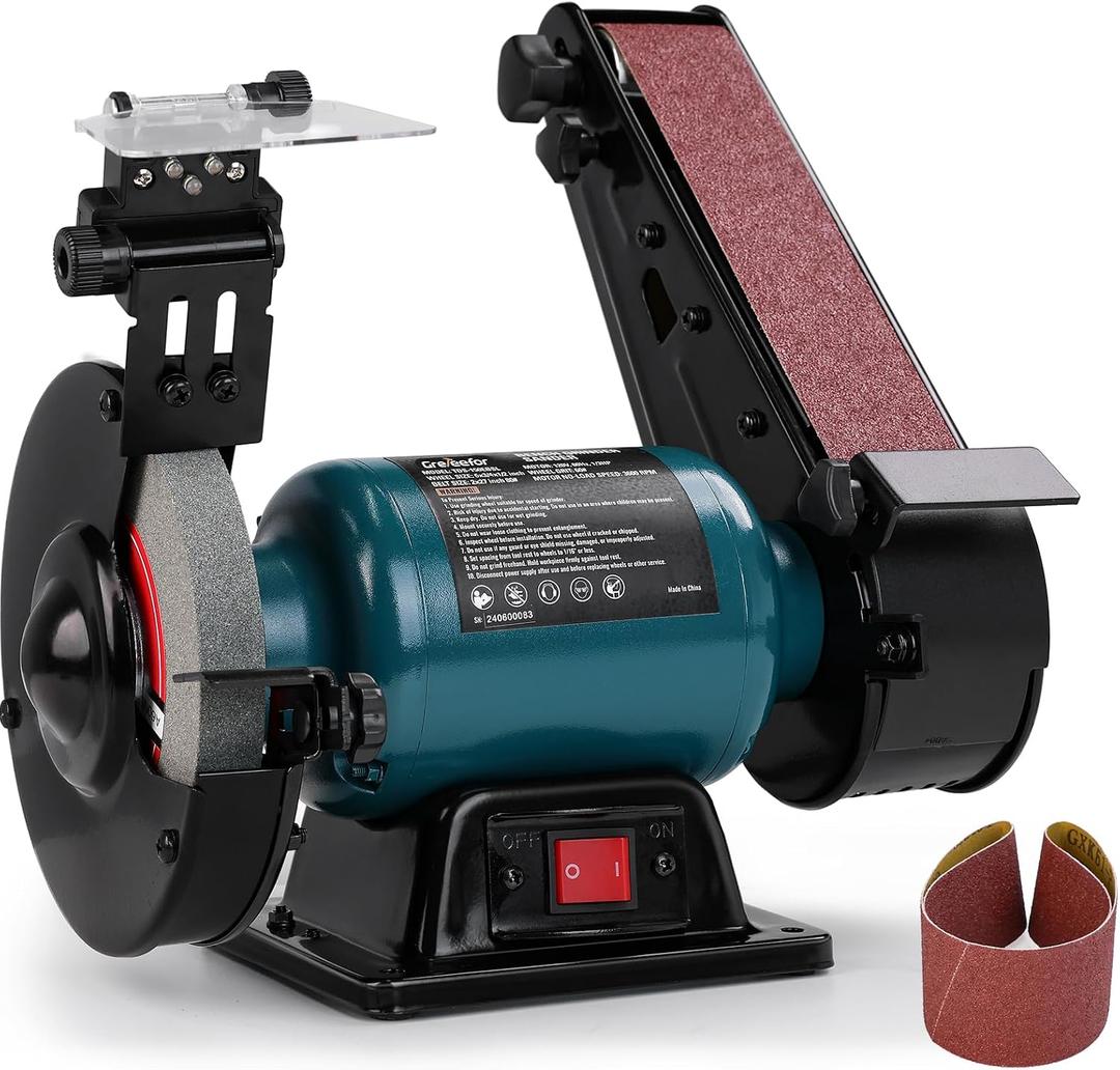 6-Inch Bench Grinder & 2x27 Belt Sander Combo, 2.5A Induction Motor Bench Tool for Sharpening, Knife Work, Wood Projects and Metal Finishing