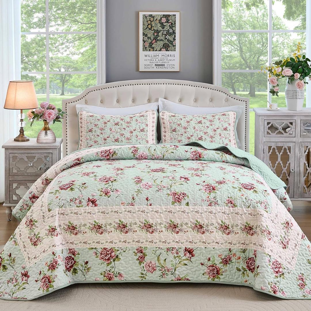Xruibed Floral Quilt Set King Size, 3PCs Antique Rose Green Bedspread Coverlet Set, Lightweight Soft Microfiber Green Quilt Set with 2 Pillowcases for All Season (King Size 110"x90")