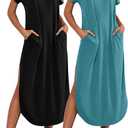 Riyiper 2 Pieces Women's Short Sleeve Maxi Dress Round Neck Casual Loose Split Long Summer Beach Shirt Dress with Pockets (Medium, Black, Lake Blue)