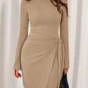 PRETTYGARDEN Women 2025 Mini Bodycon Dresses Long Sleeve Ruched Fitted Short Night Out Trendy Party Club Outfits Fall Clothes (Beige, M)