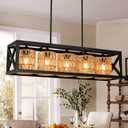Boho Island Light Fixture, 5-Light Rattan Kitchen Chandelier, Farmhouse Woven Large Coastal Wicker Wood Bamboo Bohemian Rustic Rectangle Black Linear Pendant Lights Over Table for Kitchen Island
