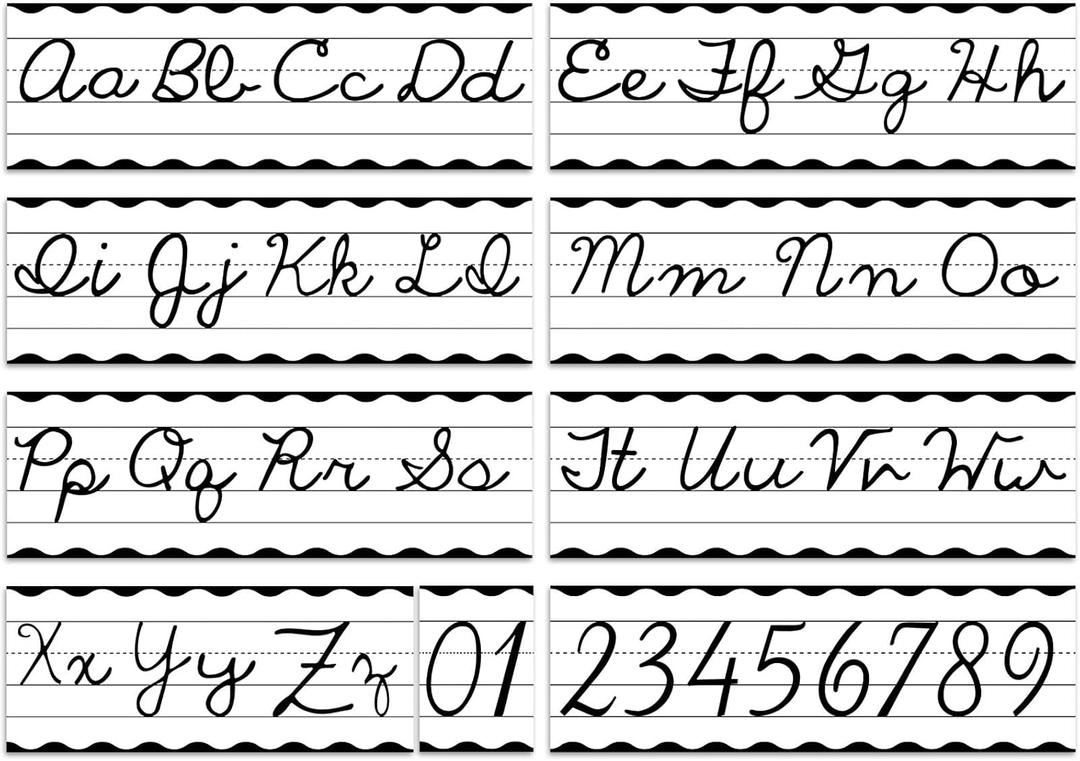 Set of 9 Cursive Writing Bulletin Board Cursive Alphabet Wall Strip for Teacher Supplies, Classroom Teaching Tool, Homeschooling, Kids Education (Classic Black)