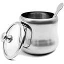 300ml Stainless Steel Sugar Bowl Coffee Seasoning Jar Condiment Pot Spice Container Canister Cruet with Lid and Spoon (Glass cover)