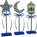 3 PCS Ramadan Table Decorations Wooden Eid Mubarak Signs Rustic Islamic Ramadan Tiered Tray Decor for Muslim Party Home Kitchen Decor (Blue.Shiny)